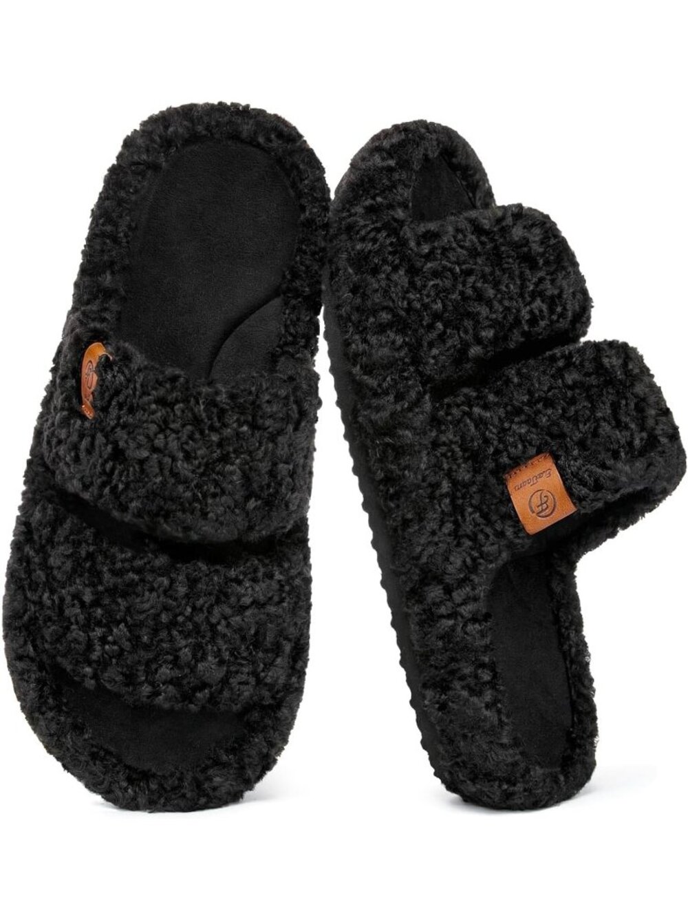 Women's Matt Black Fuzzy Open Toe Soft Comfy Memory Foam Indoor Slipper Shoes